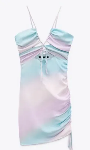 Zara Pastel Tie Dye Satin Ruched Cut Out Mini Dress Size M thumbnail 4