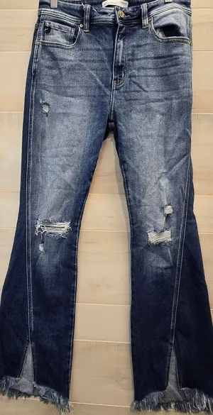 {29} KanCan Distressed Blue Jean Split Flare Hem Fringe Detail thumbnail 1