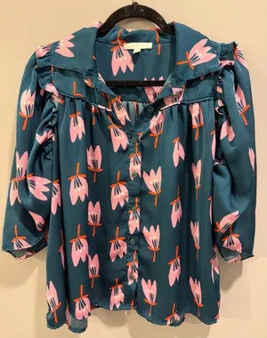 Karlie Poppy Floral Print Button Front Ruffle Detail Puff Sleeve Top Teal thumbnail 5