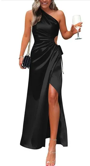 NEW 1 Shoulder Dress Cutout Ruched Split Satin Cocktail Maxi Dress M thumbnail 3