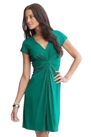 Vintage Banana Republic Emerald Green Ruched Front Dress V-Neck Midi Size 10 thumbnail 1