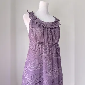 Vintage ‘90s Max Studio 100% Silk Purple Leaf Print Ruffled Sleeveless Dress thumbnail 5