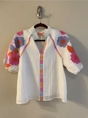 THML Floral Embroidered Puff Sleeves Ruffle Neck Texture Popover Top Size Small thumbnail 3