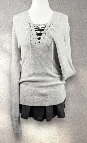 VTG Moda International Lace-Up Long Sleeve Women’s M Gray Ribbed Y2K Cozy Grunge thumbnail 1