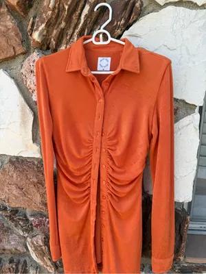 With Jean Orange Ruched Button-Front Dress thumbnail 8