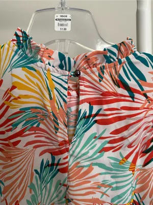 multicolor abstract ruffled shortsleeve mock neck blouse size large Multiple thumbnail 6