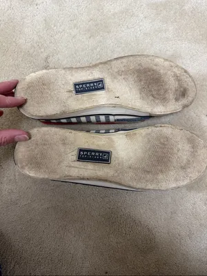 Sperry Navy & White Striped Canvas Boat Shoes with Tan Trim and Red Laces thumbnail 6