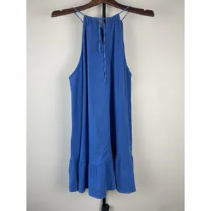 Zara Linen Blend Blue Ruffle Hem Mini Strappy Halter Casual Dress Size‎ M thumbnail 6