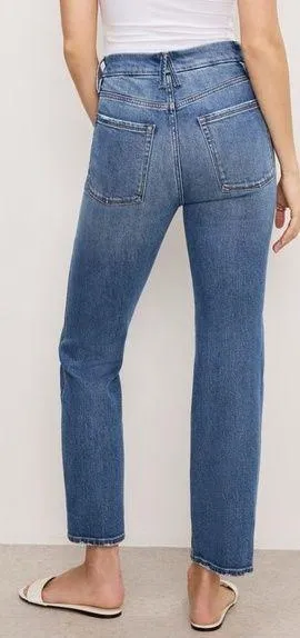 Good American Good Curve Straight Jeans Medium Wash Fray Pockets Size 26 | 2 thumbnail 2