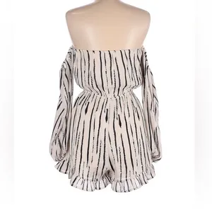 Wild Honey Womens Off Shoulder Romper Cream‎ Black Stripe Balloon Sleeve Medium thumbnail 2