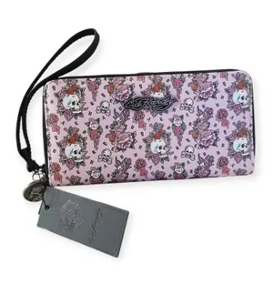 Ed Hardy Y2K Skull Roses Tattoo Wristlet Zip Around Wallet thumbnail 1