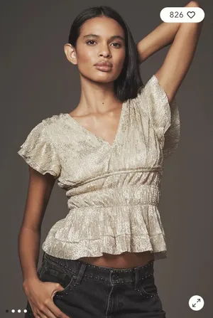 Anthropologie Smocked Metallic Gold Short-Sleeve Top thumbnail 1