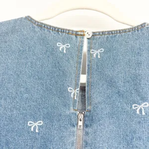She + Sky Womens Bow Print Tiered Puff Sleeve Babydoll Denim Mini‎ Dress Size M thumbnail 9