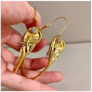 Schiaparelli Style Surrealist Ear Hoop Earrings Gold Tone Statement Dangle - NEW thumbnail 2