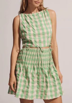 Anthropologie Saylor Emmie Mini Dress Green Light Pink Gingham L Cottage Preppy thumbnail 1