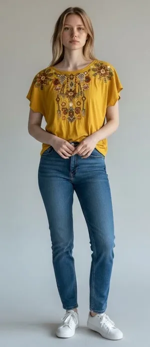 Solitaire Mustard Yellow Embroidered Boho Blouse Rayon Short Sleeve Top 21-232 M thumbnail 1