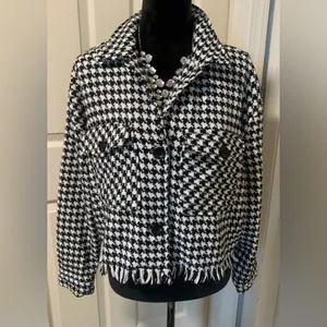 SO Houndstooth Fringe Trim Cropped Jacket Size XL thumbnail 2