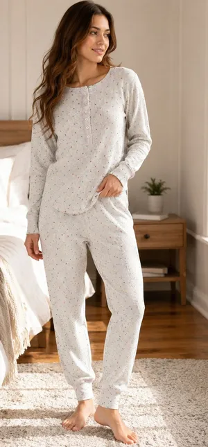 Boden Star Print Thermal Pajama Set Gray Waffle Knit Women's US 6 thumbnail 1