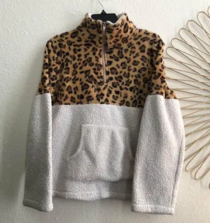 Womens Leopard Animal Quarter Zip Sweatshirt Sweater Fall Winter Autumn Fuzzy Fleece Faux Fur Long Sleeve Top Sweater Pullover Casual Oversize Pocket-White Black Brown thumbnail 1