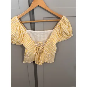 Yellow‎ Gingham Puff Sleeve Crop Top Cotton Smocked Lace Up Back Blouse Womens thumbnail 2