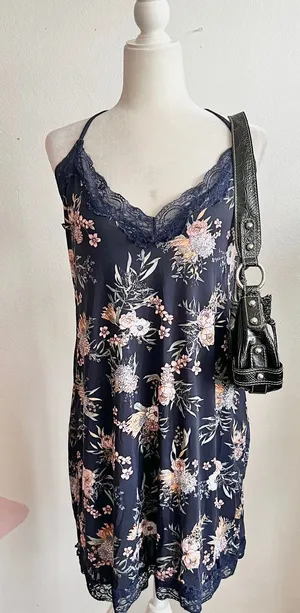 Blue Floral Lace Slip Dress Y2K Fairycore Coquette Retro Cottagecore‎ Medium thumbnail 1