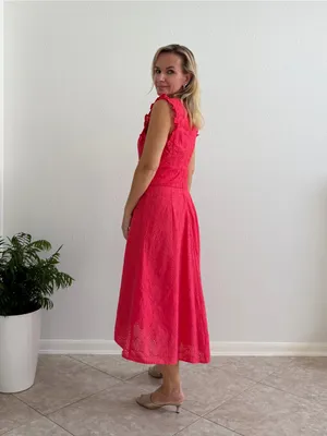 NWT Maggy London Coral Eyelet Midi Dress Size 6 Ruffle V-Neck thumbnail 2