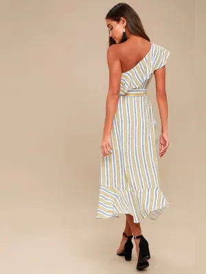 Lulus High Tide Yellow Striped One Shoulder Midi Dress Size Small thumbnail 3