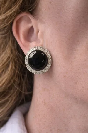 Vintage Black Cabochon Rhinestone Clip On Earrings Silver Tone Statement thumbnail 1