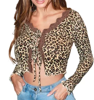 SheIn Leopard Print Tie Front Crop Top thumbnail 1