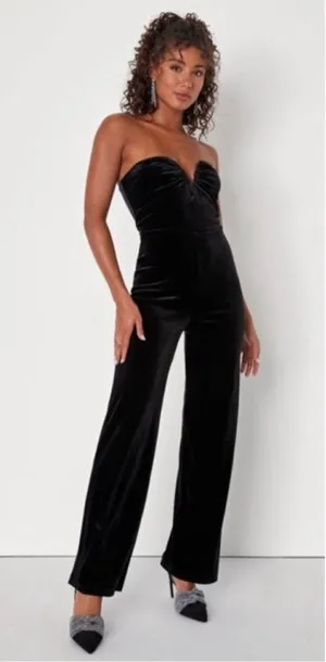 NWT Lulus Black Velvet Moody at Midnight Strapless Notched Jumpsuit XS thumbnail 1