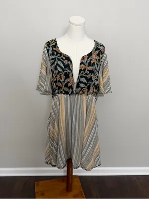 Free People Under The Sun Tunic Dress Mixed Print Floral Striped Boho Festival thumbnail 2