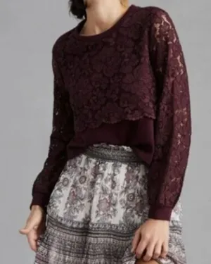 Maeve by Anthropologie Plum Lace‎ Pullover Style Crop Sweatshirt SZ S thumbnail 1