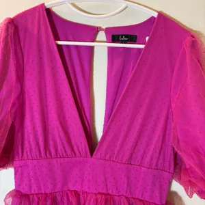 Lulus Dramatic Poise Magenta Pink Dot Tulle Puff Sleeve Tiered Mini Dress Size L thumbnail 3