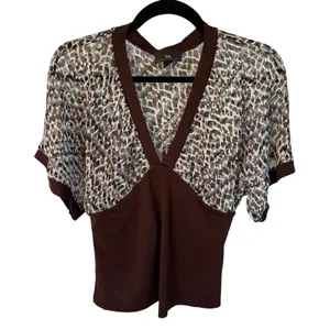 Y2K Brown Office Siren Fitted Top Sheer Short Sleeve Babydoll Career Large thumbnail 1