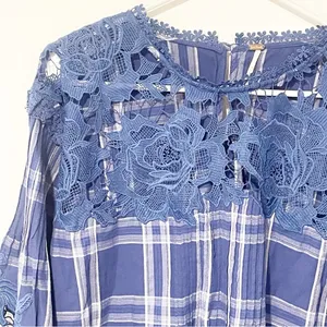 Free People Size Small Darling Diane Lace Top Blue White Flannel Plaid thumbnail 3
