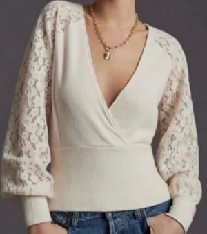 Anthropologie Lace Sleeve Faux Wrap Top Womens M Ivory Rib Knit V-Neck Coquette thumbnail 1