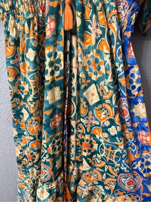 Floral silk maxi dress Geo-Print V-Neck in Teal and Orange nwt thumbnail 5