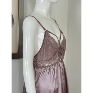 Women's Satin Chemise Nightgown Lace Lattice Strappy Slip Dress Mauve Size M thumbnail 5