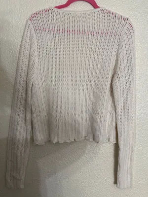 Abercrombie & Fitch Cream Open-Knit V-Neck Cropped scalloped Sweater Size XL NWT thumbnail 4
