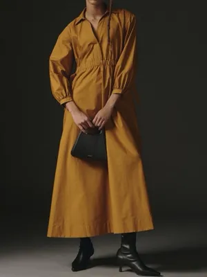 Anthropologie Maeve Mustard Yellow Cinched Waist Long Sleeve Shirt Maxi Dress M thumbnail 2