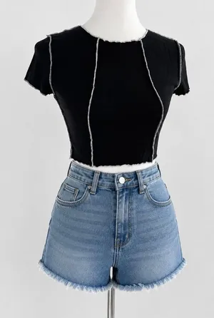 Women’s Black Ribbed Contrast Stitch Cropped Tee Fitted Top Size Small thumbnail 1