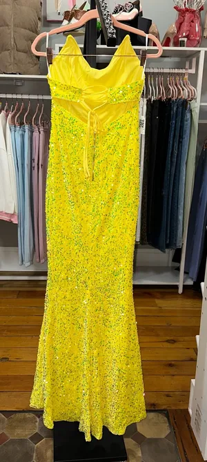 Boutique Yellow strapless sequined maxi prom dress thumbnail 1