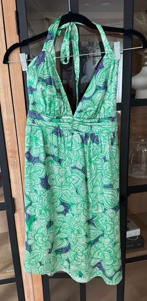 Y2K Alice & Trixie 100% Silk Halter mini Dress kelly tropical Floral Print vneck thumbnail 1