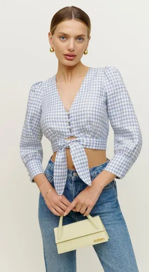 Reformation Liam top in blue gingham new nwt thumbnail 1