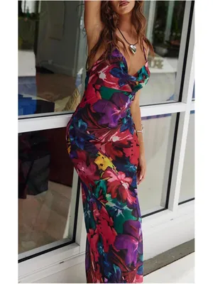 PRETTYGARDEN NEW Floral Spaghetti Strap Maxi Dress Stretch Bodycon L thumbnail 5