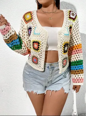 Shein Crochet Cardigan Womens Multicolor S SunnyBelle Button Long‎ Sleeve V Neck thumbnail 1