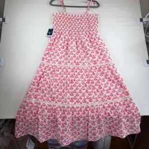 Roller Rabbit Target Pink Floral Smocked Tiered‎ Maxi Dress Tie Strap Lined NEW thumbnail 5