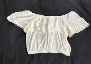 H&M + Coachella Cream Lace PomPom Off The Shoulder Top thumbnail 3