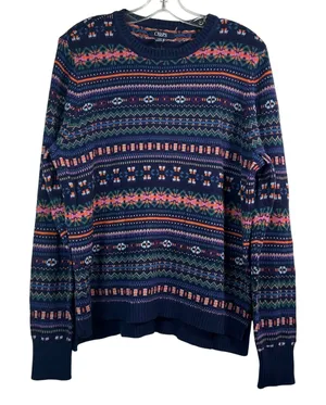 Chaps Denim Womens XL Fair‎ Isle Sweater Blue Multi Cotton Blend Crewneck thumbnail 1
