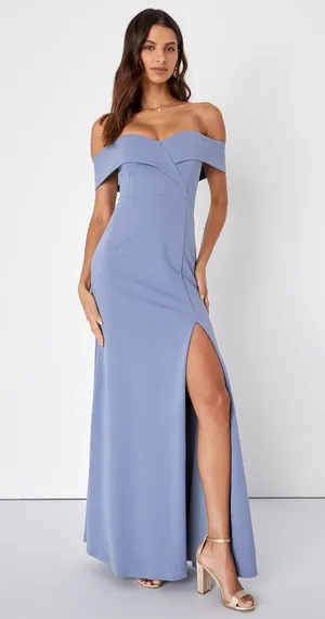 Song of Love Blue Grey Off-the-Shoulder Maxi Dress Elegant Evening Gown thumbnail 1
